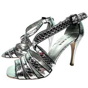 PRADA‎ Silver Snakeskin Strappy Sandals Heels Size 38 (US 7.5) -Authenticated